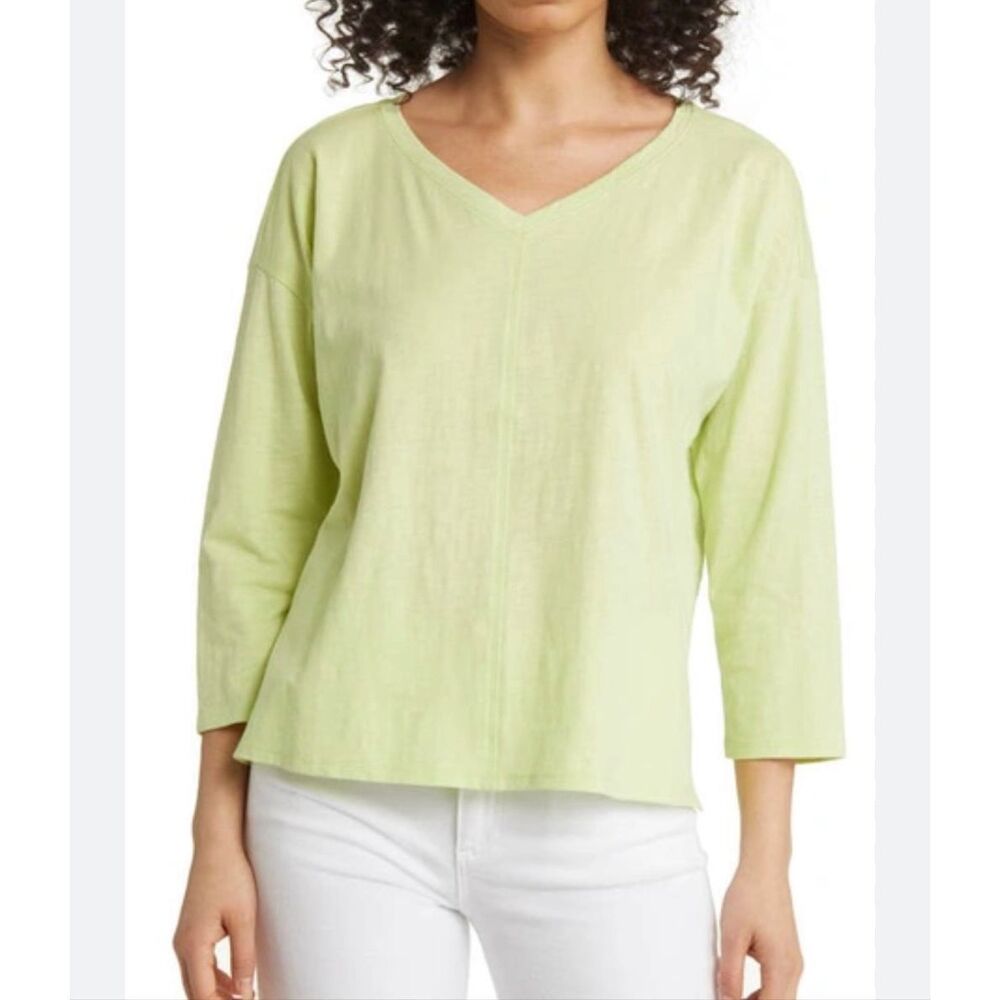 Eileen Fisher $78 Organic Cotton Slub V-Neck Boxy Top Honeydew 1X NEW